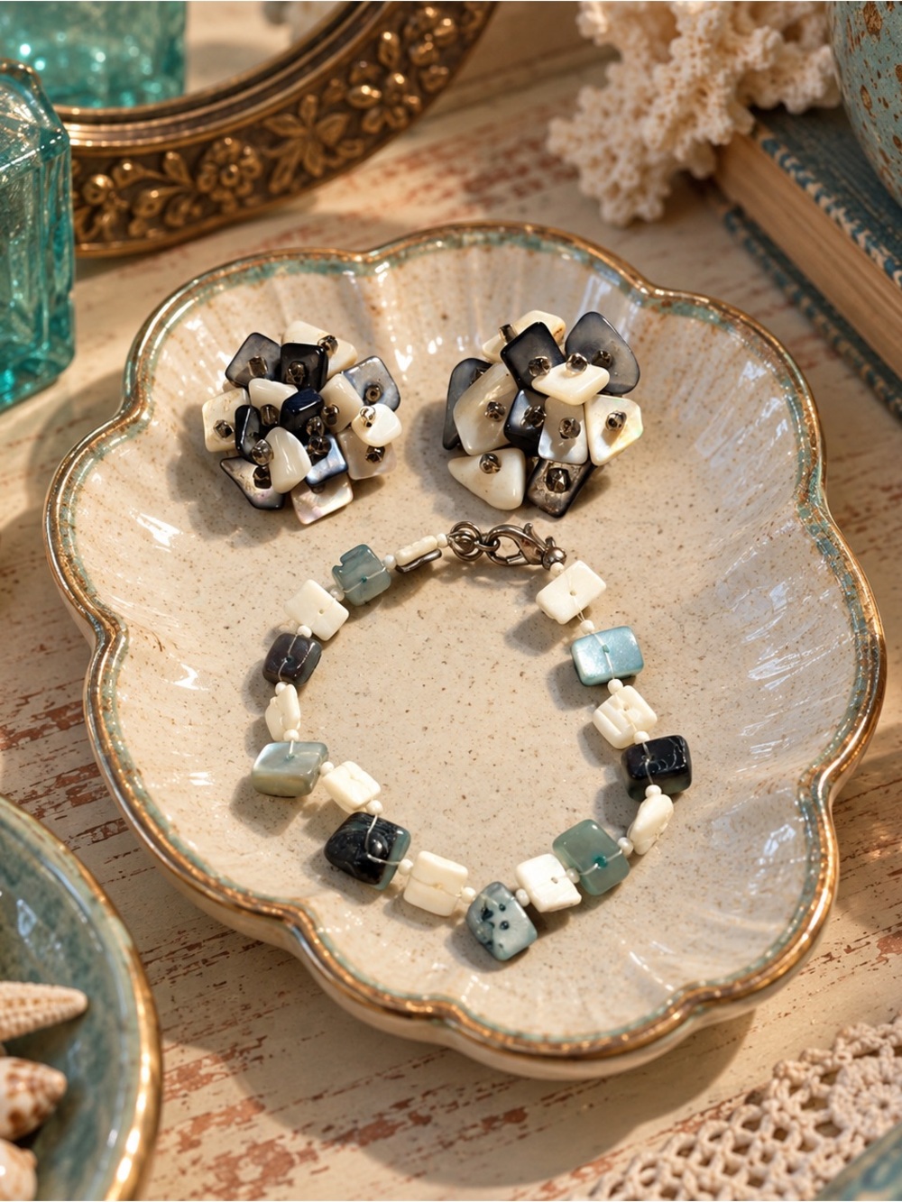Vintage Mother of Pearl Japan Clip Earrings with Handmade Bracelet 7” Boho